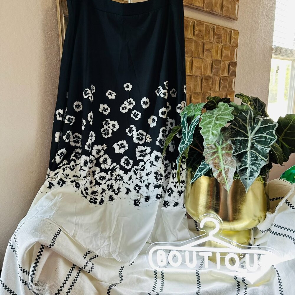 Black & White Floral Floor Length Rhinestone Embellished Skirt